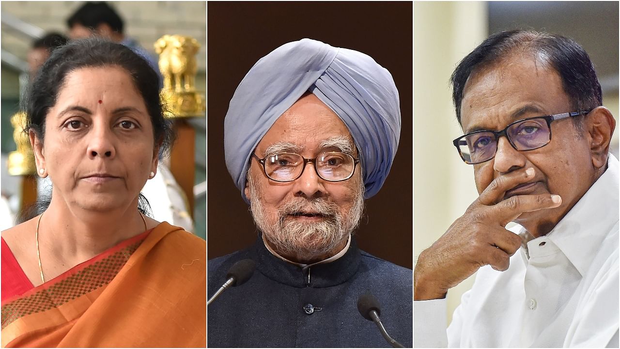 Current Finance Minister Nirmala Sitharaman and former ministers Dr Manmohan Singh and P Chidambaram. Credit: Agency Photos