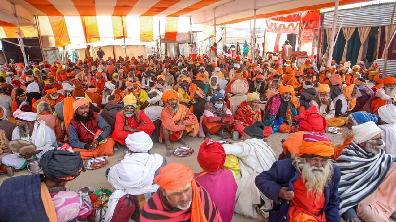 'Dharm Sansad' was organised in the 'Magh Mela', an annual religious event at 'Sangam' (the confluence of Ganga, Yamuna and the mythical Sarswati rivers) at Prayagraj. Credit: PTI Photo