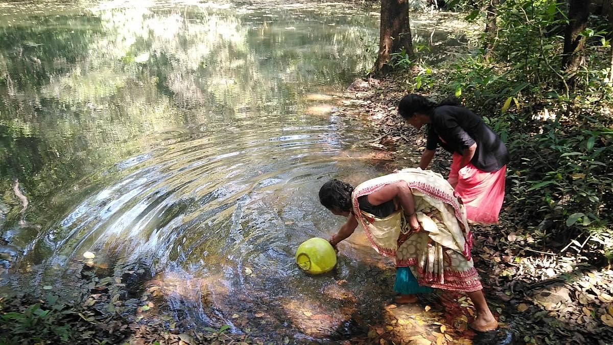 Women from SC families from Siddamoole collect a pot of water from a roadside pool.