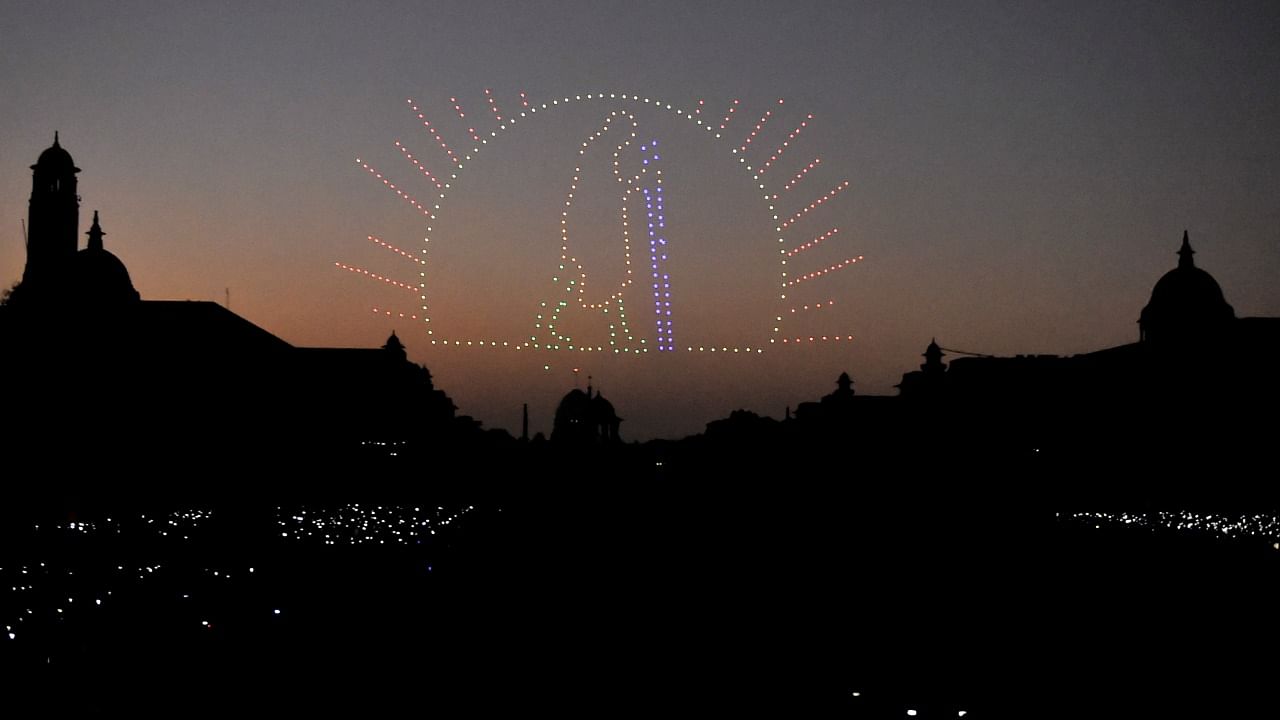 Light show using 1000 drones, during the 'Beating the Retreat' ceremony at Vijay Chowk. Credit: PTI Photo