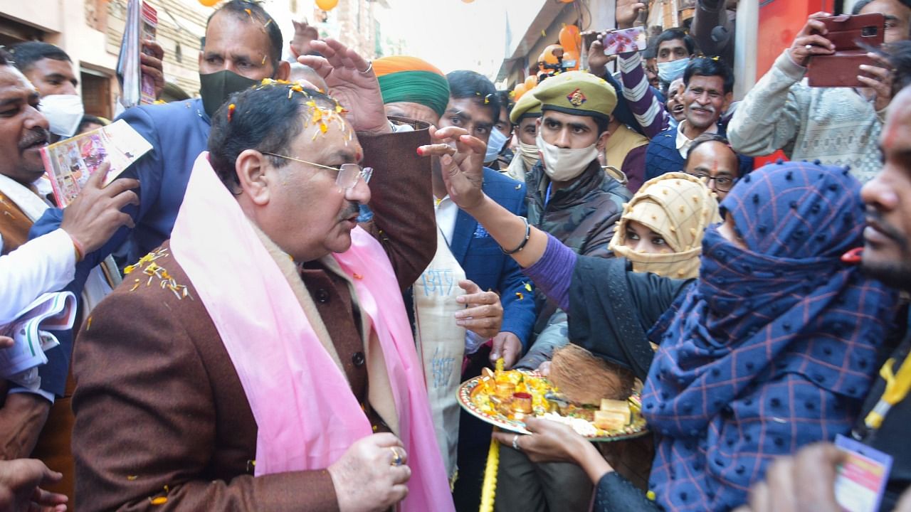 BJP National President J P Nadda during a door-to-door election campaign at Shikohabad in Firozabad. Credit: PTI File Photo