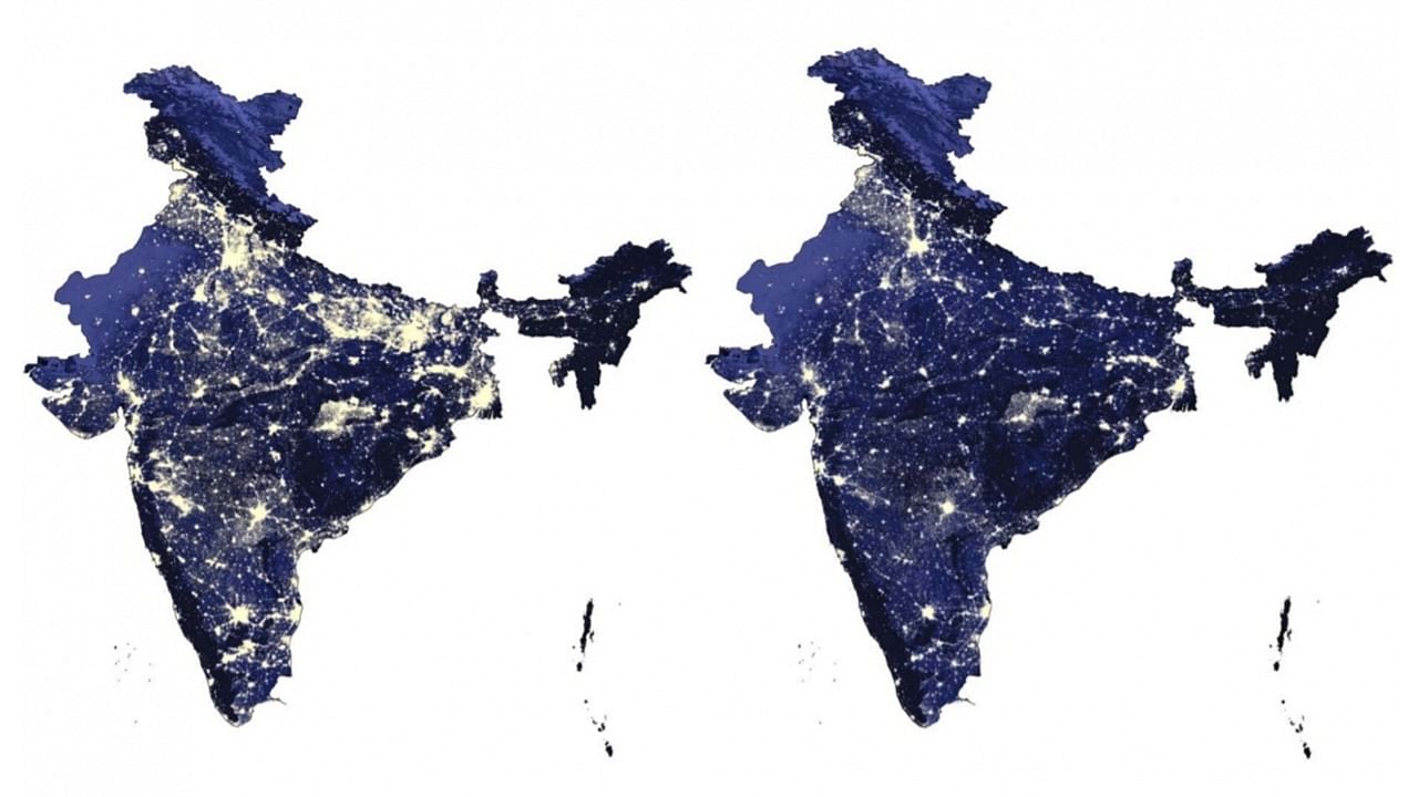 Using satellite images, India's night-time luminosity is compared between 2012 and 2021. Credit: IANS Photo