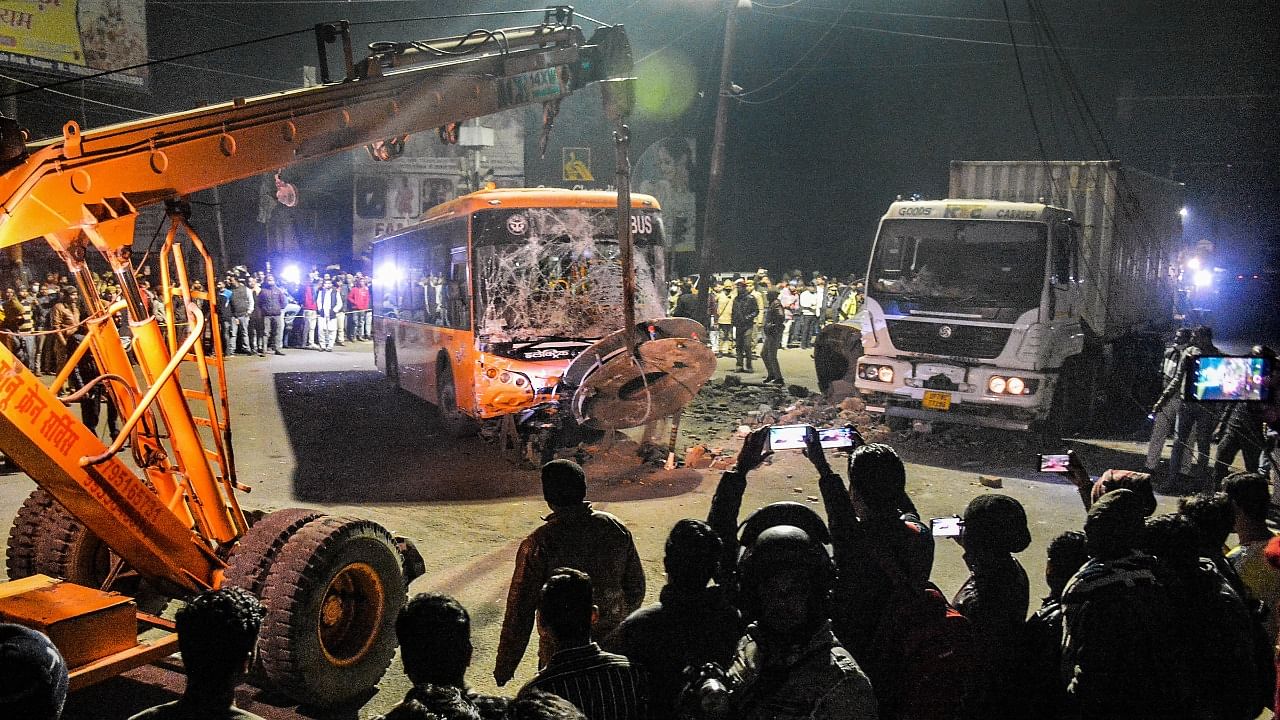 Mangled remains of an electric bus after it lost control and mowed down several bystanders near the Tat Mill crossroad in Kanpur. Credit: PTI Photo