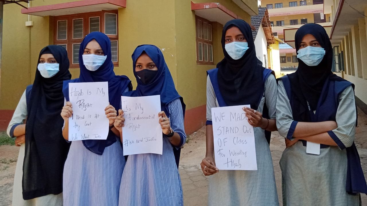 The Muslim girl students in Udupi who have been denied entry into college for wearing a hijab. Credit: DH Photo