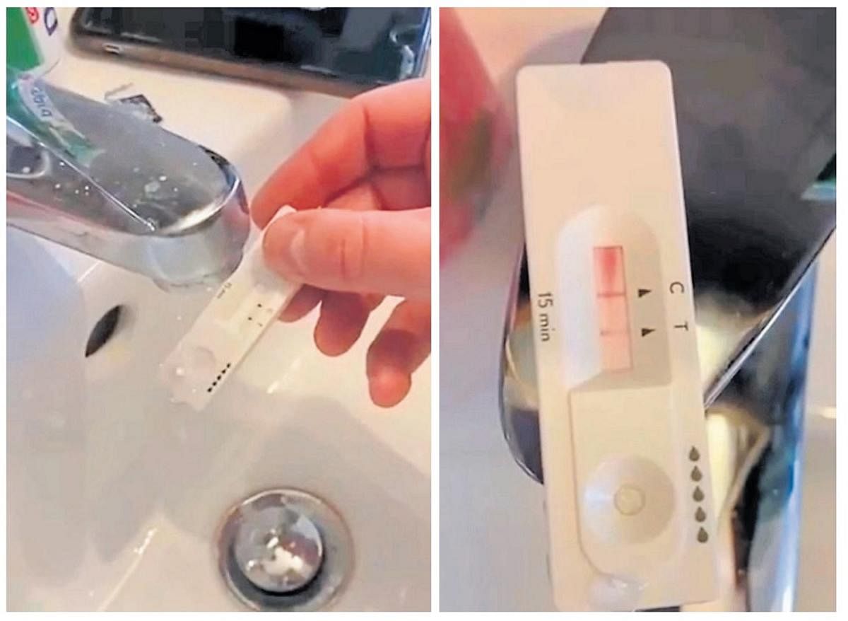 A video of a Covid self-test kit being placed under a tap and displaying a positive result has gone viral on WhatsApp and Instagram. (Screengrab from the video.)