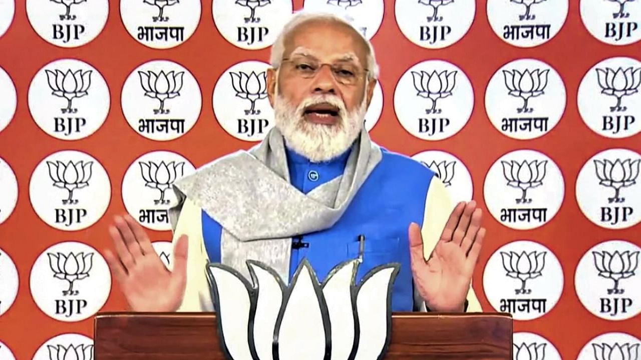 Prime Minister Narendra Modi virtually delivers his address to BJP workers, in New Delhi on Wednesday. Credit: PTI photo
