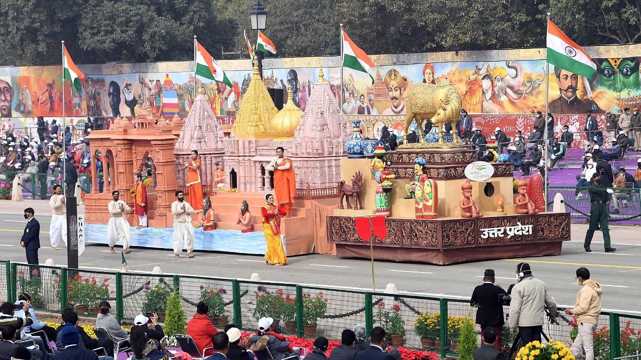 Education ministry's tableau leu at Republic Day parade. Credit: Twitter/@dpradhanbjp