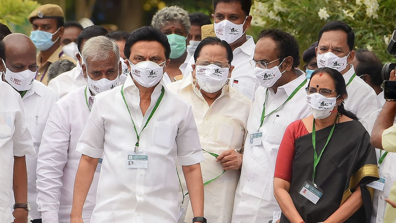 DMK President MK Stalin and his party MLAs wear face masks with 'Ban NEET, Save TN Students'. Credit: PTI File Photo
