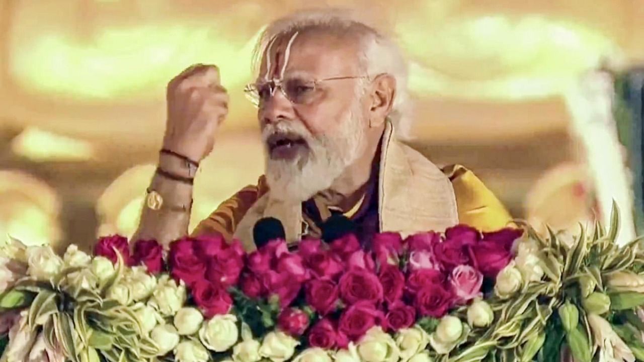 Prime Minister Narendra Modi speaks during the unveiling ceremony of the 'Statue of Equality', a 216-foot tall statue of 11th century saint Ramanujacharya, in Hyderabad. Credit: PTI photo