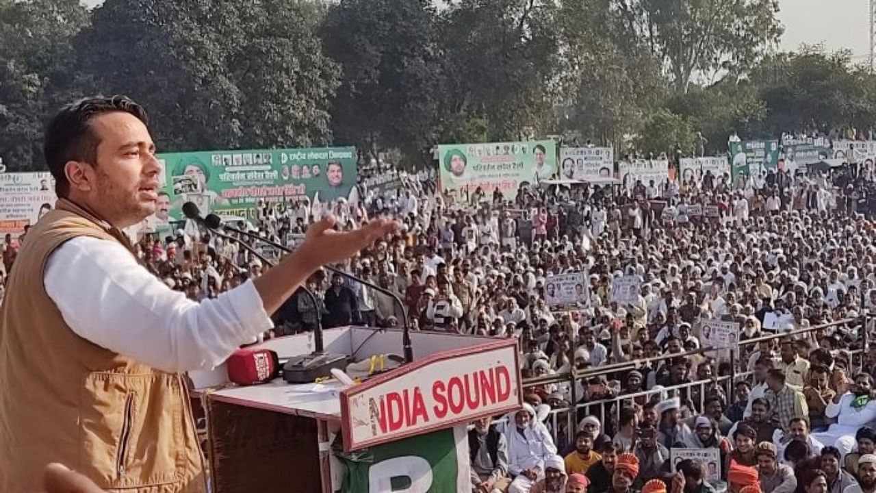 RLD's Jayant Chaudhary addresses a rally in Muzaffarnagar. Credit: PTI Photo  