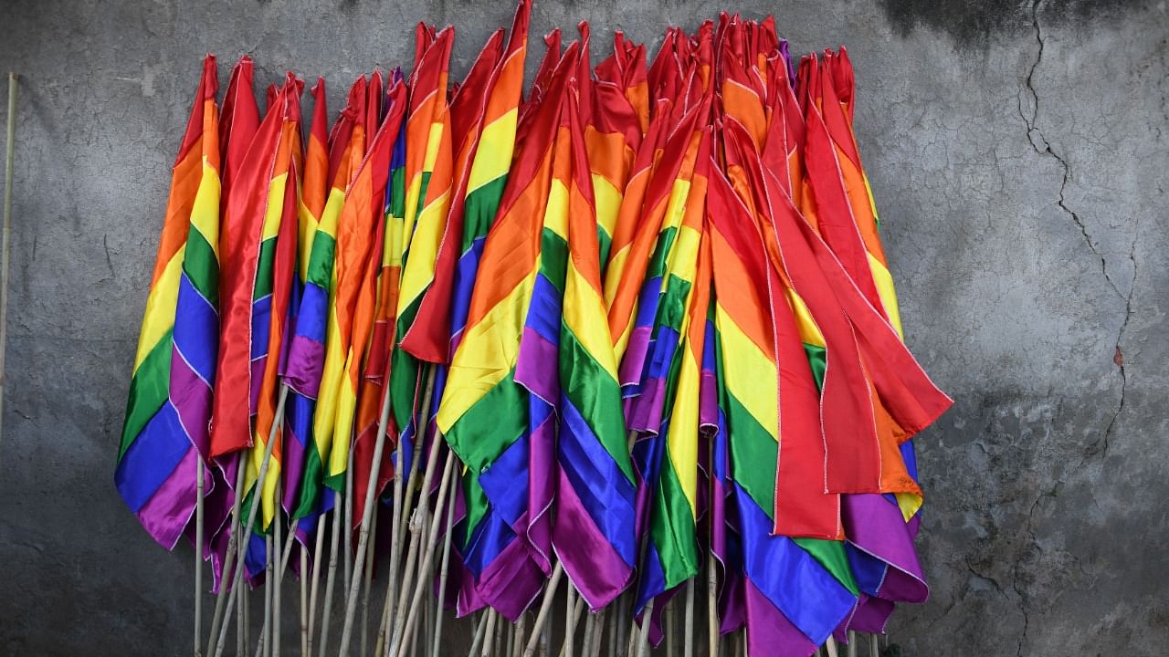 Rainbow flags are placed against a wall before a pride parade of Indian members and supporters of the lesbian, gay, bisexual, and transgender (LGBT) community in New Delhi on November 25, 2018. Credit: AFP File Photo