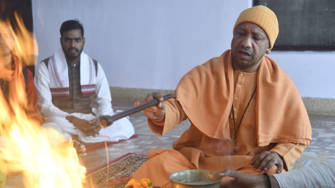 Yogi performing Puja before filing nomination. Credit: IANS File Photo