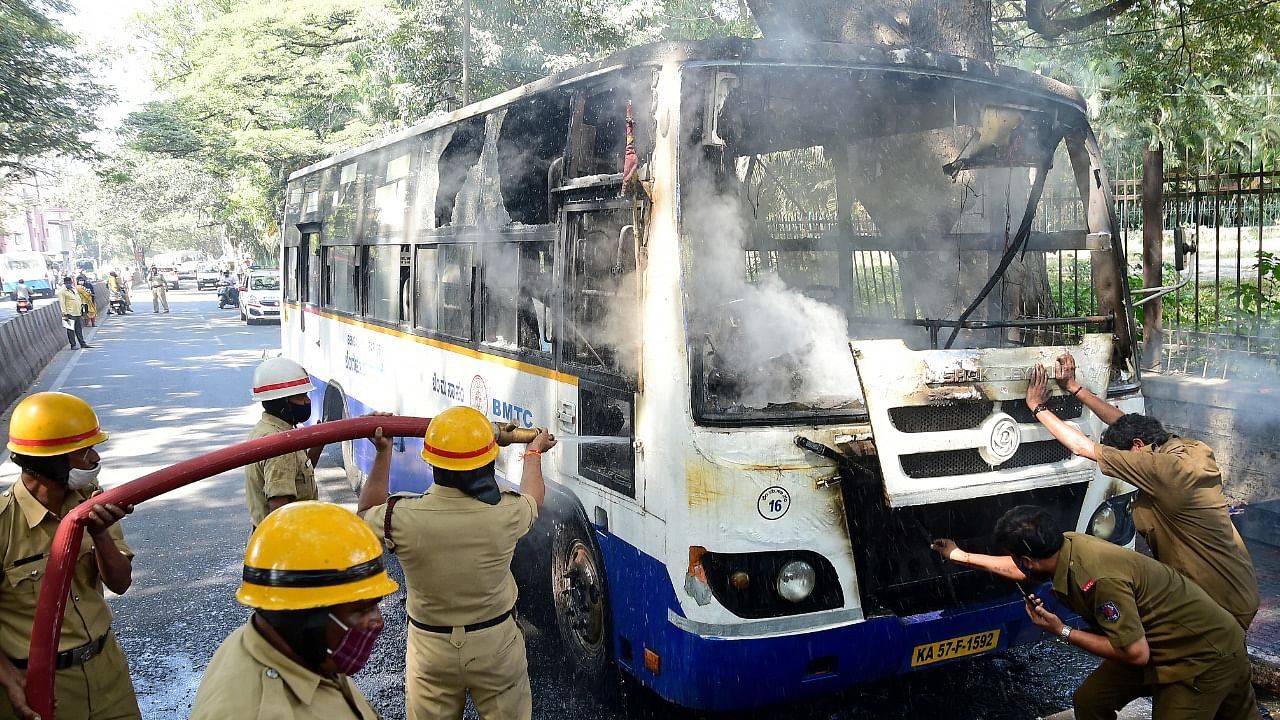 A view of a BMTC bus that caught fire in Bengaluru's Chamrajpet on January 21, 2022. Credit: DH File Photo