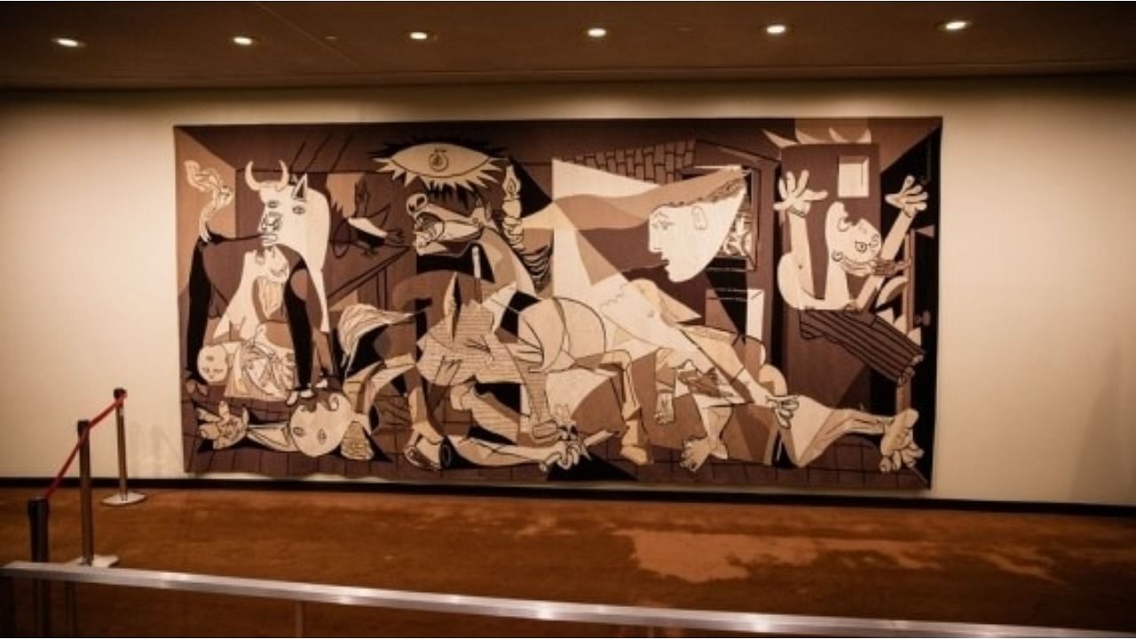 The tapestry of Picasso's 1937 anti-war painting "Guernica" was commissioned in 1955 by former US Vice President and governor of New York State Nelson Rockefeller and offered on loan to the UN in 1984. Credit: IANS Photo