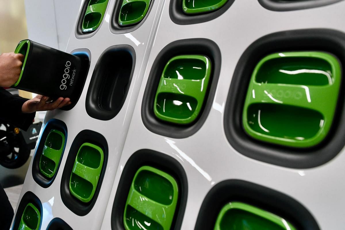 A battery-swapping platform developed by Gogoro, a Taiwanese company, at its headquarters in Taipei. AFP file Photo