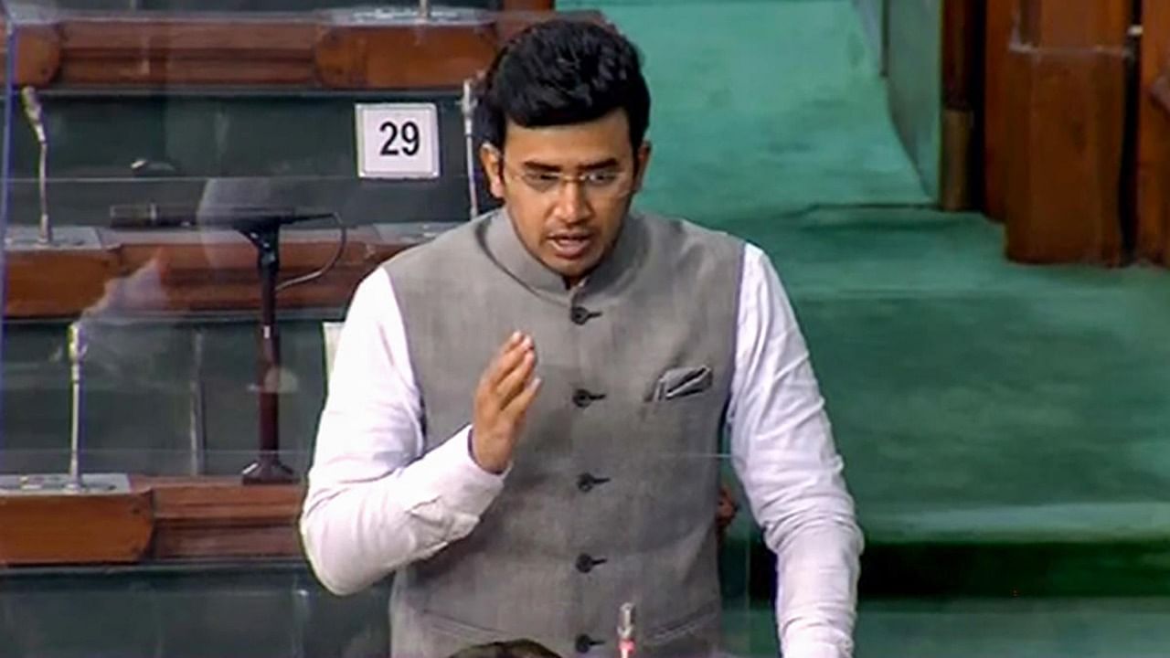 BJP MP L.S. Tejasvi Surya speaks in the Lok Sabha during ongoing Budget Session of Parliament, in New Delhi. Credit: PTI Photo