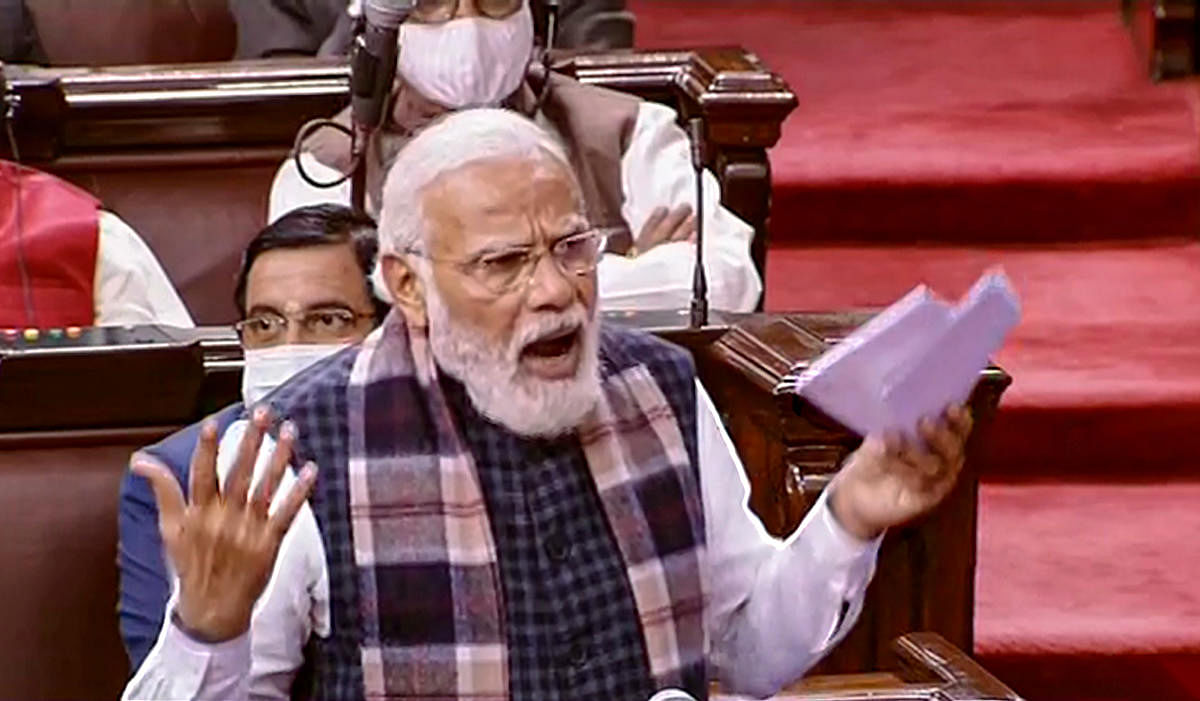 **EDS: TV GRAB** New Delhi: Prime Minister Narendra Modi speaks in the Rajya Sabha, during the ongoing Budget Session of Parliament, in New Delhi, Tuesday, Feb. 8, 2022. (RSTV/PTI Photo)(PTI02_08_2022_000084A)