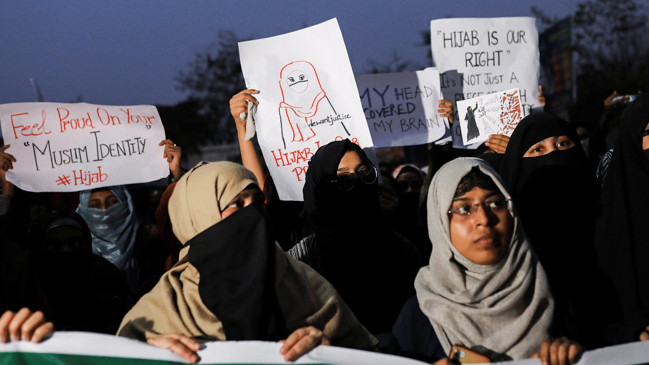 Muslim women take part in an AIMIM-led protest against the recent hijab ban in few colleges of Karnataka, in New Delhi. Credit: Reuters Photo