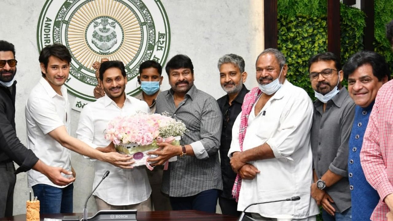 Andhra Pradesh Chief Minister Jaganmohan Reddy with delegation of the Telugu film industry. Credit: DH Photo