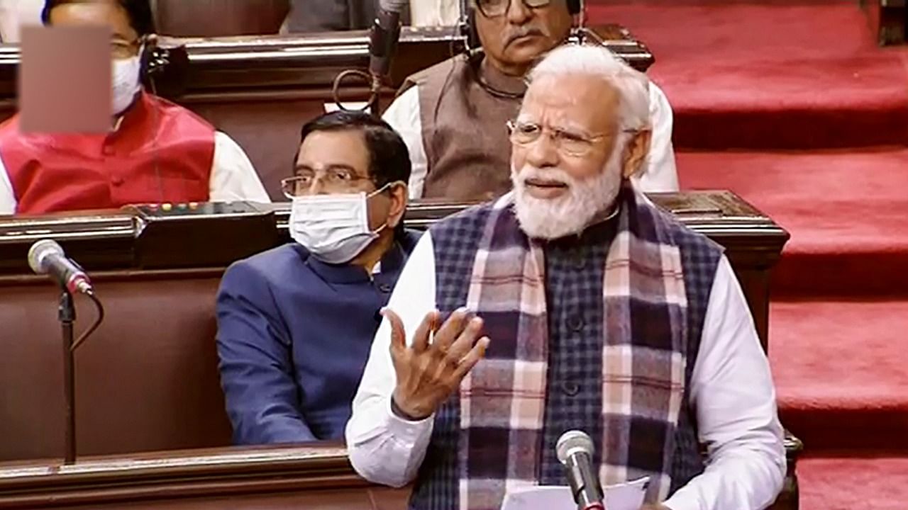 Prime Minister Narendra Modi speaks in the Rajya Sabha, during the ongoing Budget Session of Parliament, in New Delhi. Credit: PTI File Photo