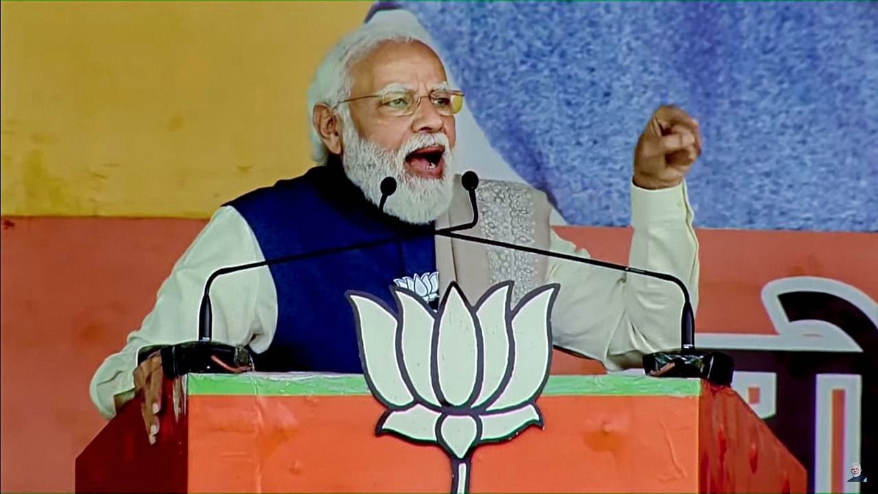 Prime Minister Narendra Modi addresses a public meeting for the upcoming UP Assembly elections, in Saharanpur. Credit: PTI Photo