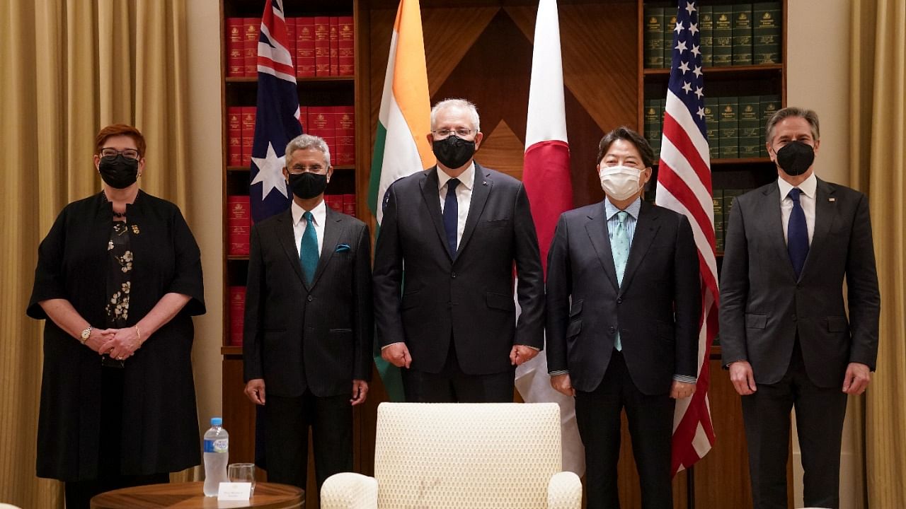 Australian Foreign Minister Marise Payne, Indian Foreign Minister Subrahmanyam Jaishankar, Australian Prime Minister Scott Morrison, Japanese Foreign Minister Yoshimasa Hayashi and U.S. Secretary of State Antony Blinken, pose for a photo before their meeting at the Quad meeting of foreign ministers in Melbourne, Australia, February 11, 2022. Credit: Reuters Photo