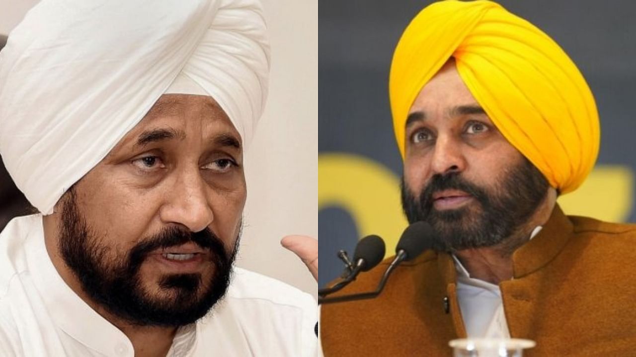 Congress's CM face candidate Charanjit Singh Channi and AAP’s CM face candidate and MP Bhagwant Mann. Credit: PTI/IANS Photo