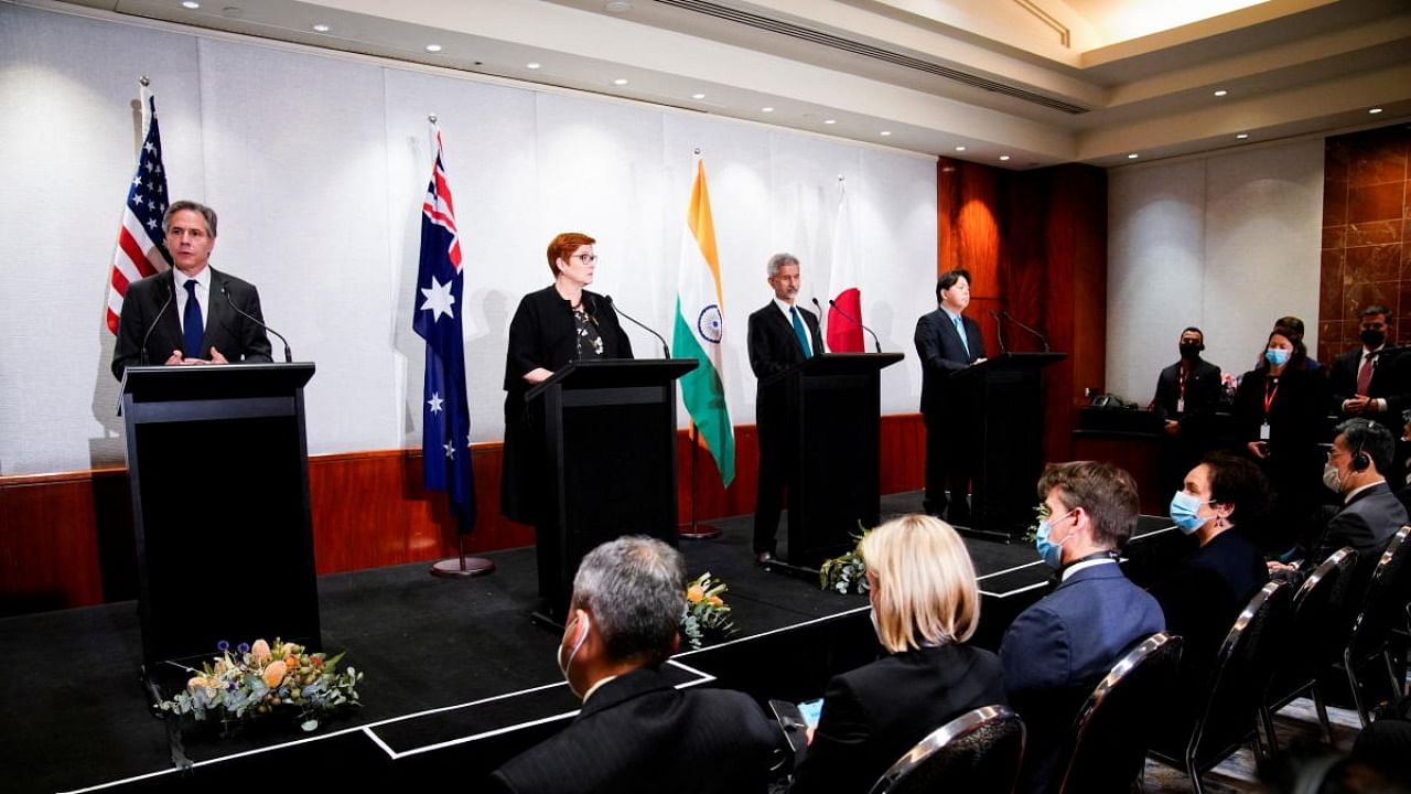 U.S. Secretary of State Antony Blinken, Australian Foreign Minister Marise Payne, Indian Foreign Minister Subrahmanyam Jaishankar and Japanese Foreign Minister Yoshimasa Hayashi during a press conference of the Quadrilateral Security Dialogue (Quad) foreign ministers in Melbourne. Credit: Reuters Photo