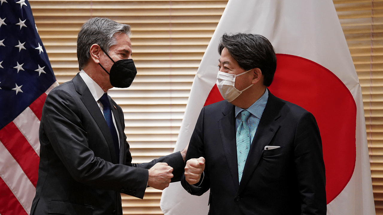 US Secretary of State Antony Blinken and Japanese Foreign Minister Yoshimasa Hayashi fist bump as they meet before the Quad meeting of foreign ministers in Melbourne. Credit: Reuters Photo