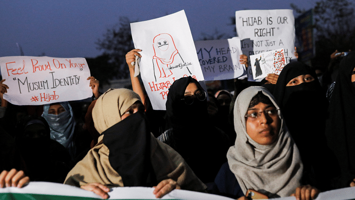 Protests over the hijab row in Delhi. Credit: Reuters File Photo