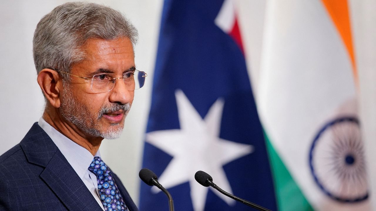 External Affairs Minister S Jaishankar addresses the media following a Quad meeting in Australia. Credit: Reuters Photo