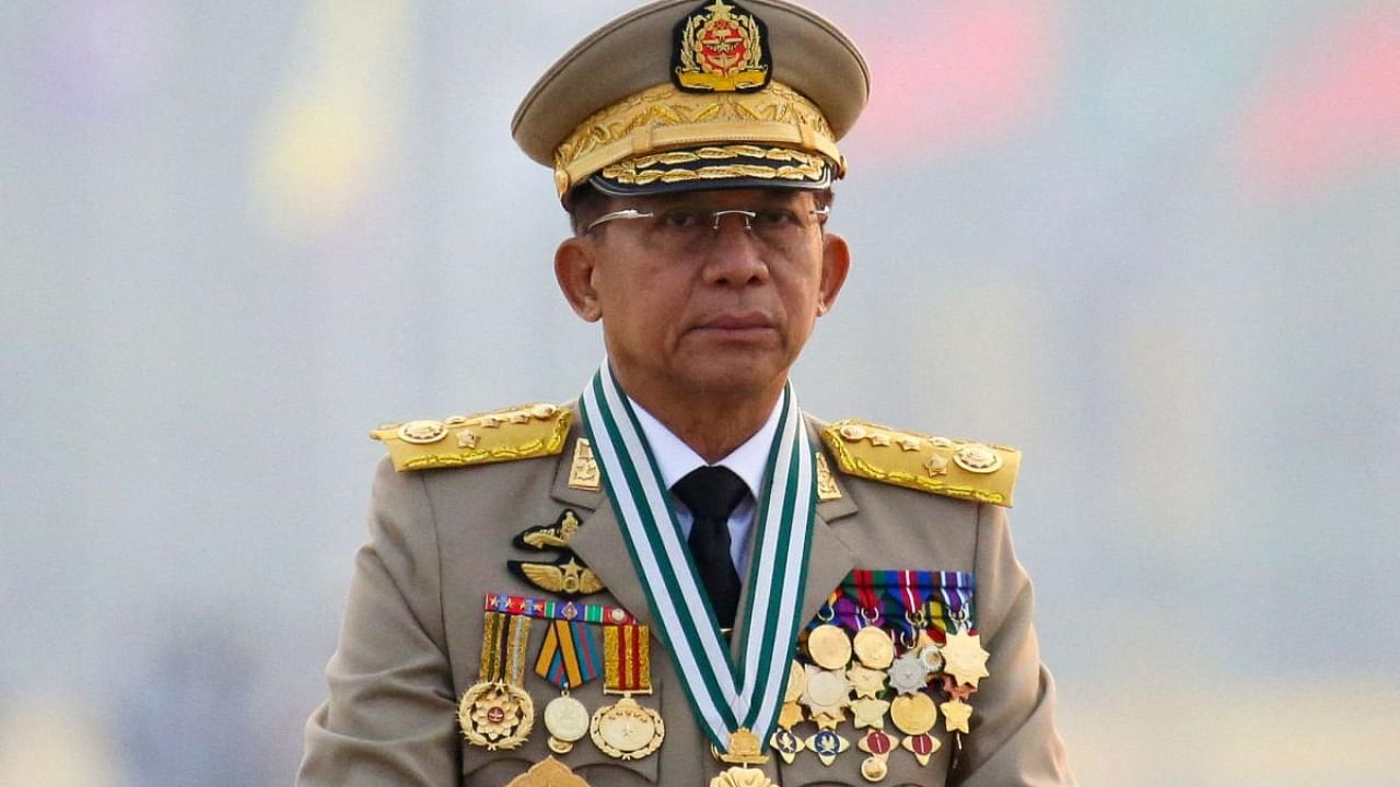 Myanmar's junta chief Senior General Min Aung Hlaing, presides over an army parade on Armed Forces Day in Naypyitaw, Myanmar. Credit: Reuters Photo