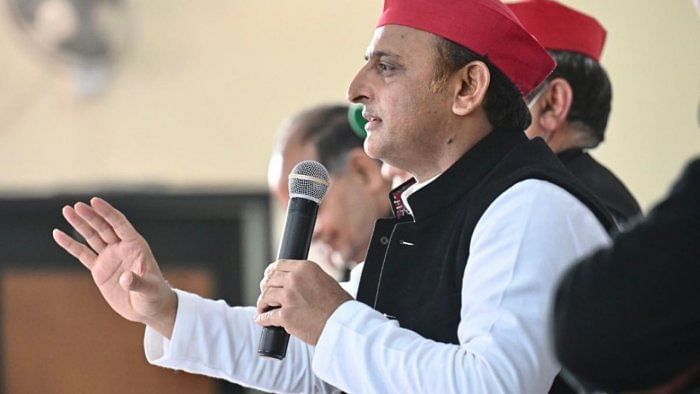 Samajwadi Party President Akhilesh Yadav speaks during a press conference regarding the Uttar Pradesh assembly elections, in Aligarh. Credit: IANS photo