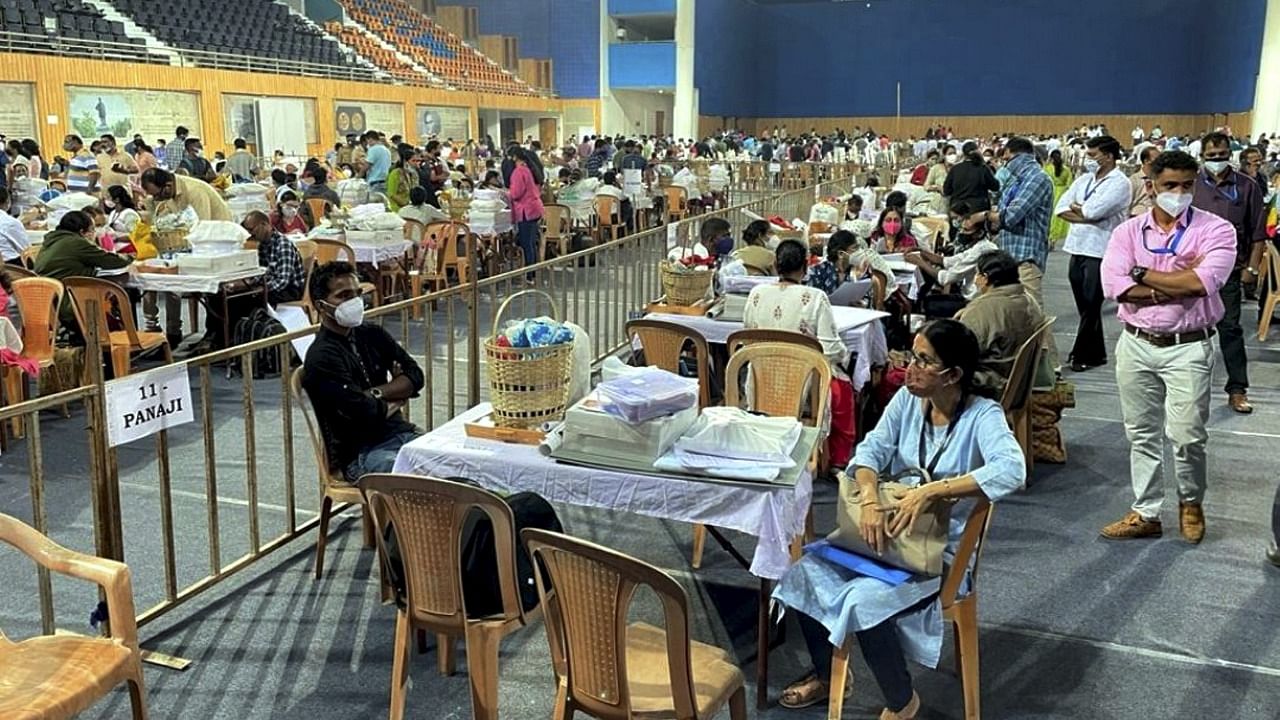 Preparation underway for voting during the first phase of Goa Assembly polls, in Goa. Credit: PTI Photo