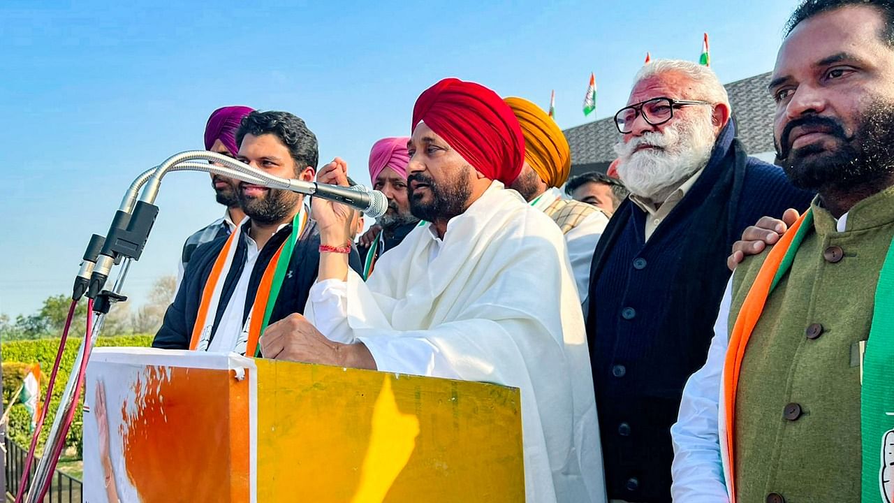 Punjab Chief Minister Charanjit Singh Channi speaks during a rally ahead of the Punjab Assembly elections, in Amargarh. Credit: PTI Photo