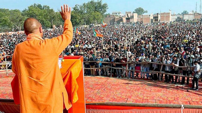 Adityanath's remarks assume electoral significance as over two dozen assembly seats, where polling was being held on Monday, had a sizable population of Muslims and also as the BJP had managed to win only 11 seats in the 2017 assembly polls despite registering a massive win in the state. Credit: PTI File Photo