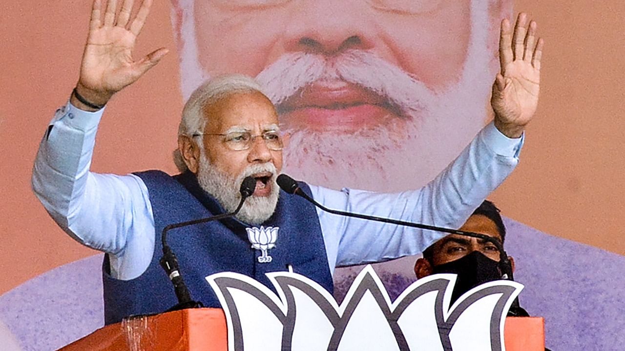 Prime Minister Narendra Modi addresses during an election campaign rally for the Uttar Pradesh Assembly polls, at Akbarpur in Kanpur Dehat. Credit: PTI Photo