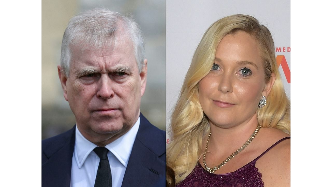 This combination of pictures shows Britain's Prince Andrew, Duke of York, on April 11, 2021 in Windsor, England and Virginia Giuffre on October 22, 2019 in New York City. Credit: AFP Photo