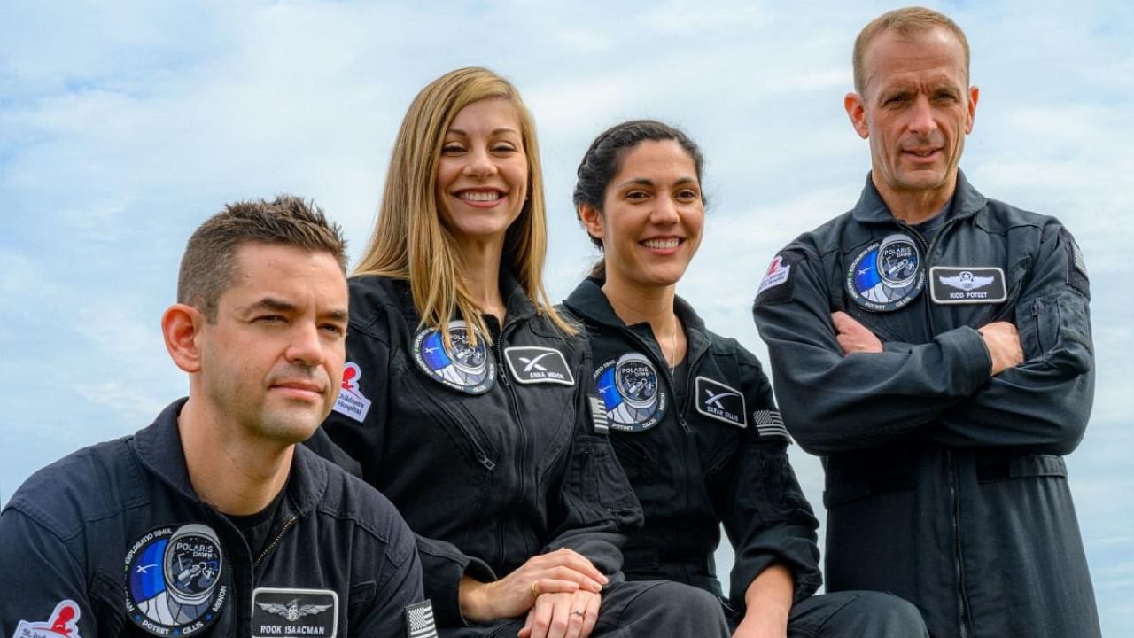 Photo shows the SpaceX Polaris Dawn crew. From left to right: Jared Isaacman, Mission Commander, Anna Menon, Mission Specialist and Medical Officer, Sarah Gillis, Mission Specialist, and Scott Poteet, Mission pilot. Credit: AFP Photo