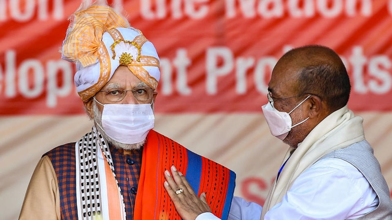 Prime Minister Narendra Modi with Manipur Chief Minister Nongthombam Biren Singh, during the inauguration and foundation stone laying ceremony of various developmental projects, in Imphal. Credit: PTI Photo