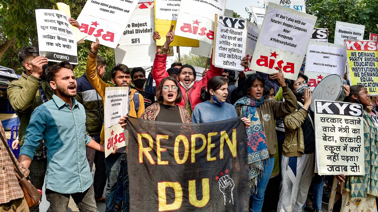 Students protest, seeking resumption of in-person classes in Delhi. Credit: PTI File Photo