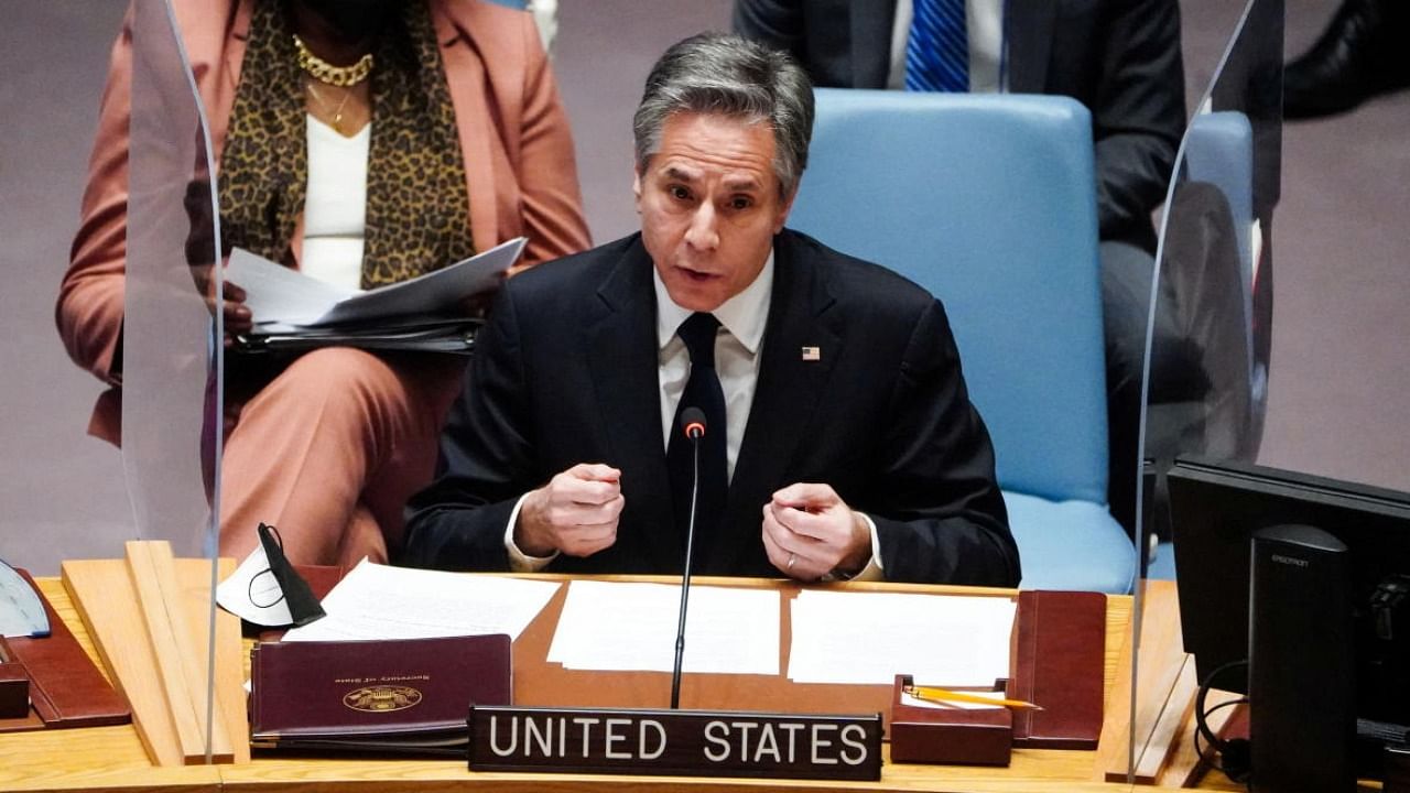 U.S. Secretary of State Antony Blinken speaks during a meeting of the U.N. Security Council on the situation between Russia and Ukraine, at the United Nations Headquarters in Manhattan, New York City, U.S. Credit: Reuters Photo