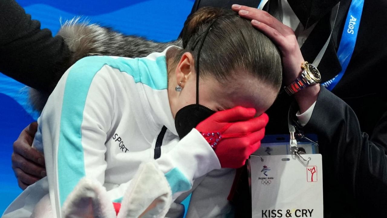 Kamila Valieva of the Russian Olympic Committee reacts after performing. Credit: Reuters Photo