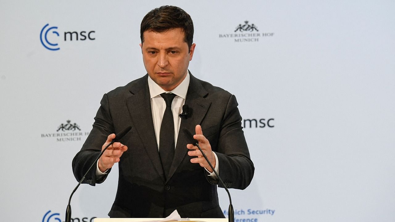 Ukrainian President Volodymyr Zelensky speaks at the Munich Security Conference (MSC) in Munich, southern Germany, on February 19, 2022. Credit: AFP Photo