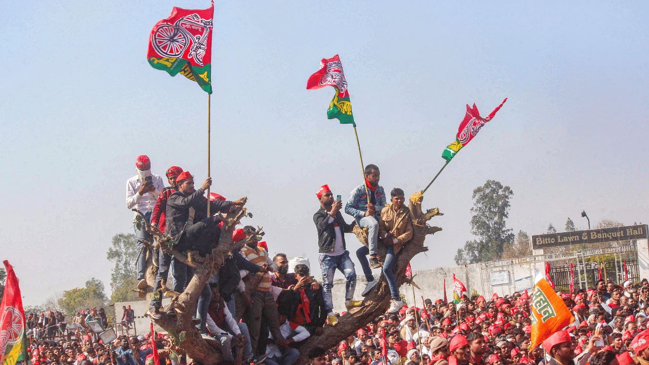 Samajwadi Party (SP) supporters hold party's flags during a public meeting. Credit: PTI Photo