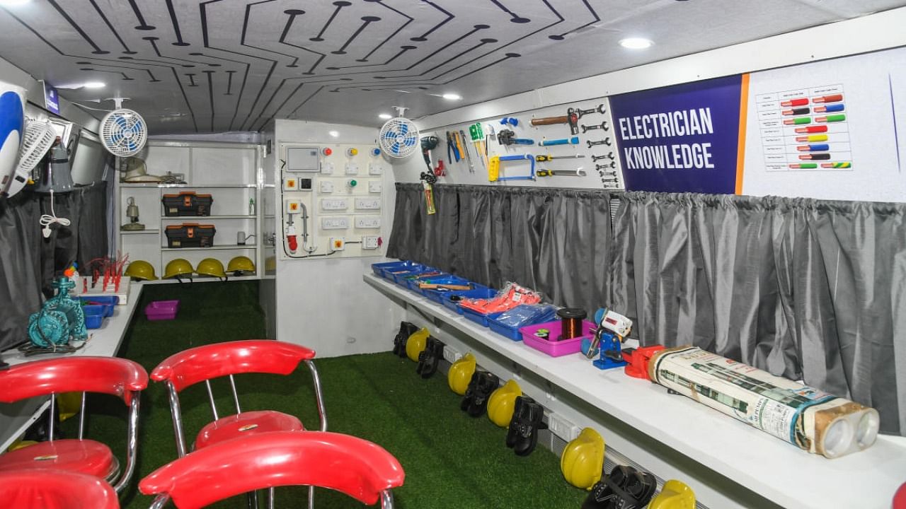 The interiors of Skill on Wheels (Kaushalya Ratha), launched by the Department of Skill Development, Entrepreneurship and Livelihood, in Bengaluru on Friday. Credit: DH Photo/S K Dinesh