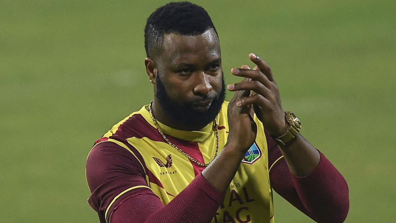 West Indies' Kieron Pollard gestures during the second Twenty20 international cricket match between India and West Indies at the Eden Gardens in Kolkata on February 18, 2022. Credit: AFP Photo