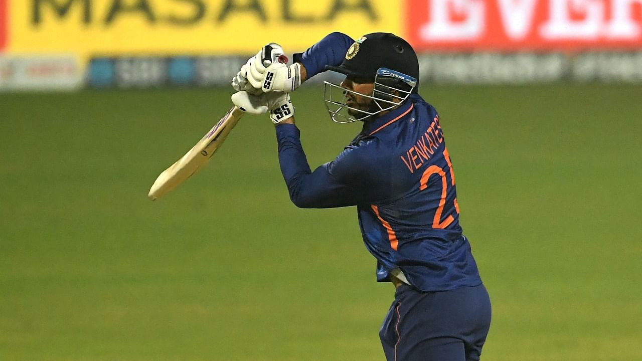 Venkatesh Iyer plays a shot during the third and final international Twenty20 cricket match between India and West Indies at the Eden Gardens in Kolkata. Credit: AFP Photo