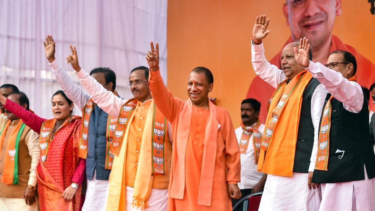 Uttar Pradesh CM Yogi Adityanath during a public meeting for the ongoing UP polls. Credit: PTI Photo