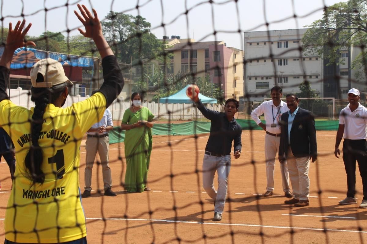 City Police Commissioner N Shashi Kumar at the inauguration of Mangalore University inter-collegiate handball tournament for women at University College in Mangaluru. 